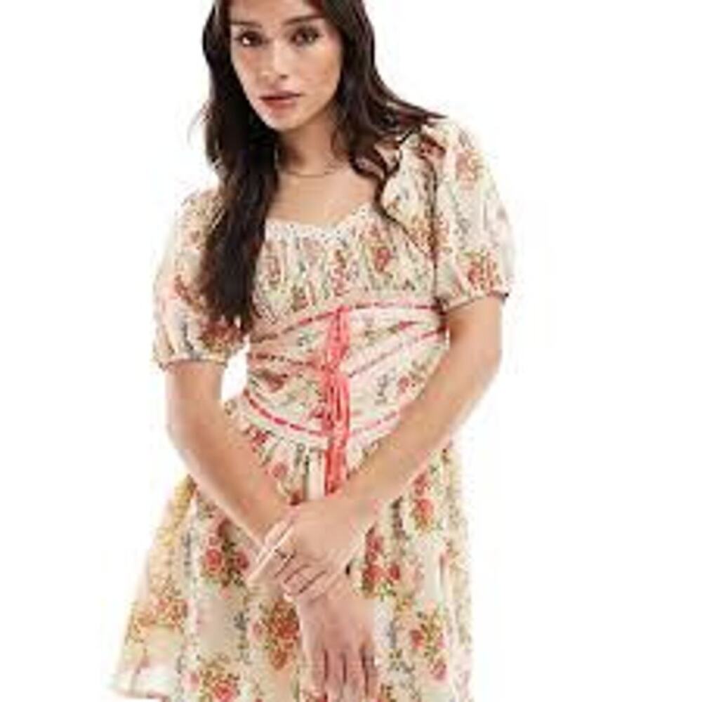 ASOS Milkmaid Floral Mini Dress Coquette Cottage Puff Sleeve Ribbon Tie Size 6